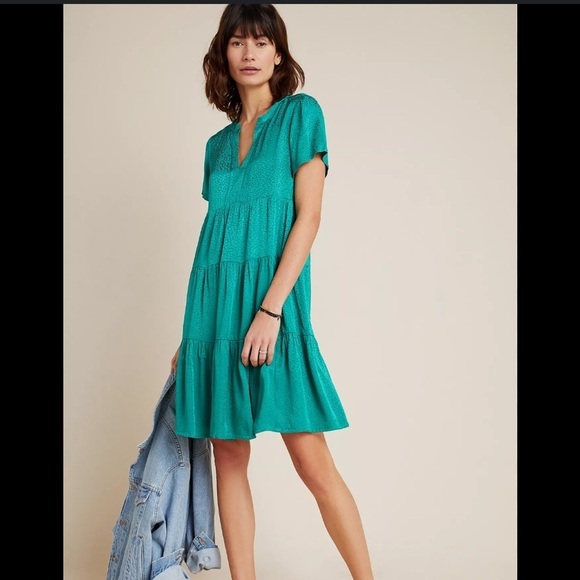 Maeve Anthropologie Dress Women Medium Tania Sacha Satin Tiered Green J - Picture 1 of 8